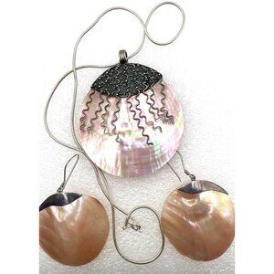 MOP Sterling Silver Pendant Earrings Set Mother Of Pearl Shell 925 Snake Chain